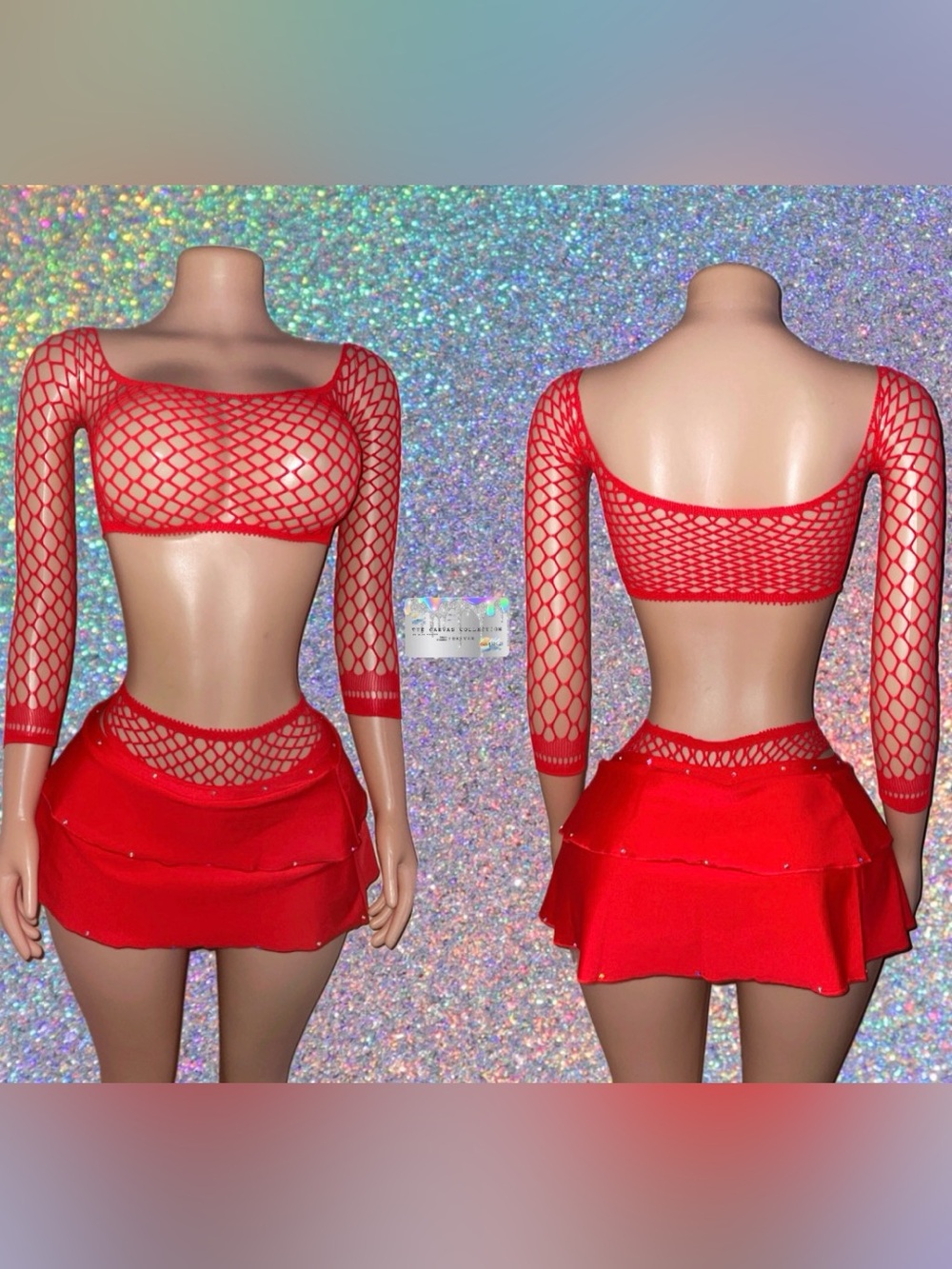 EXOTIC DANCEWEAR: Red fishnet 3 piece set with matching pasties